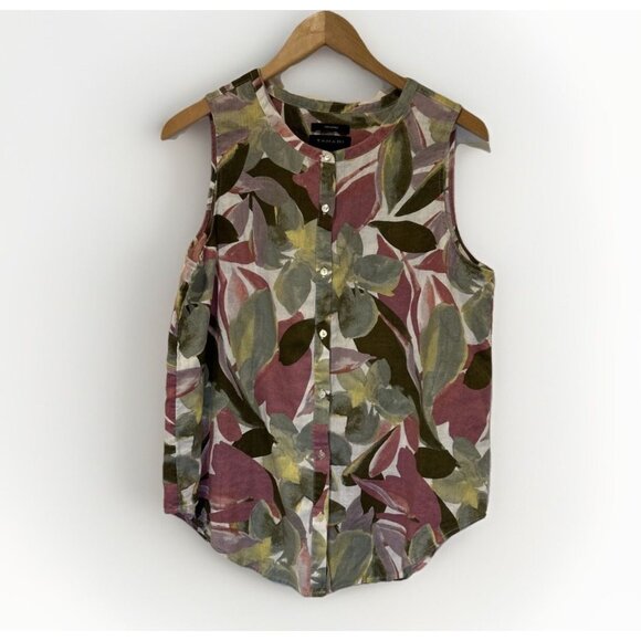 Tahari Linen Top Womens Large Button Front Sleeveless Blouse Multicolor Tropical - Picture 1 of 7